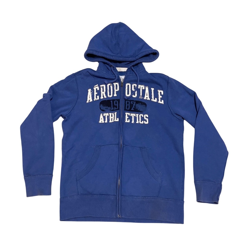 Vtg y2k Mens Med Blue Aeropostale AERO Logo Full Zip Hoodie Spellout‎ Athletics